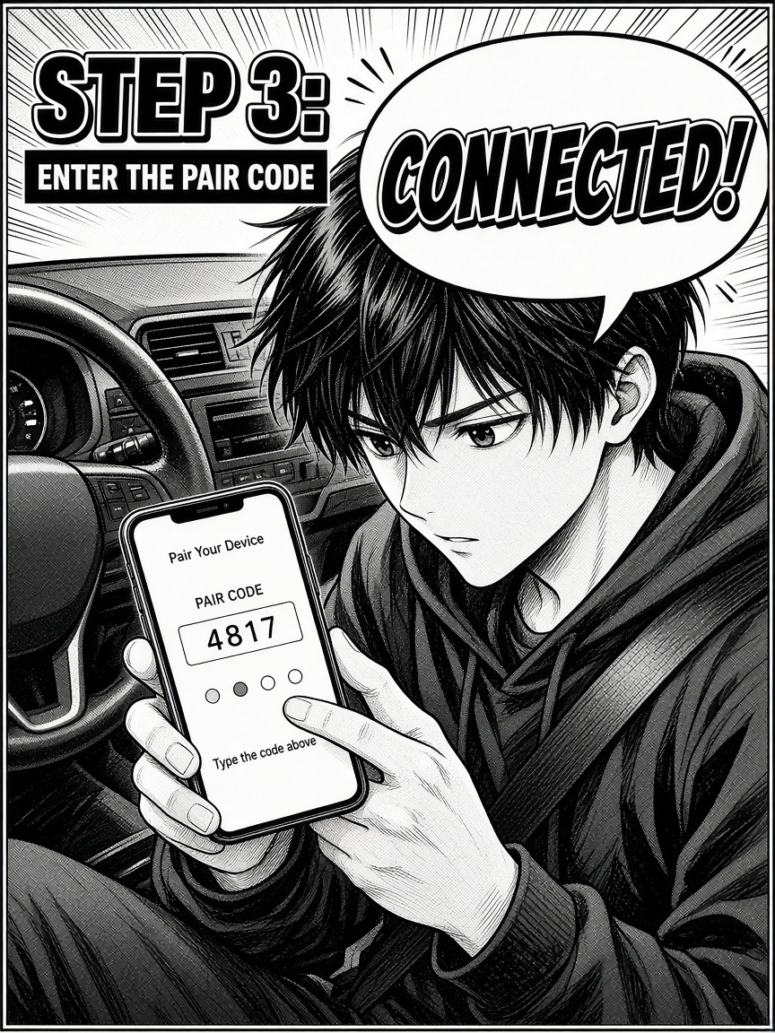 Manga panel: driver enters pair code on phone