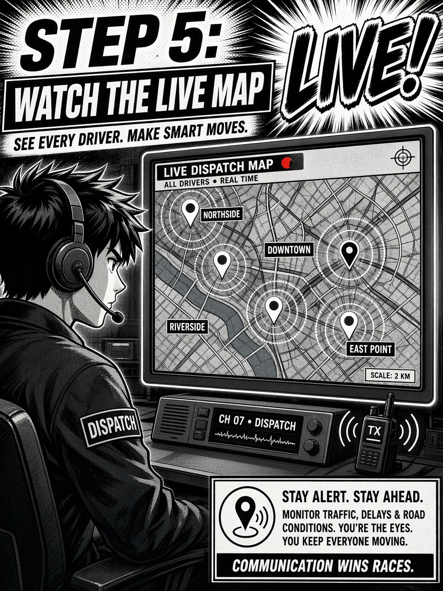 Manga panel: live map in dispatch console
